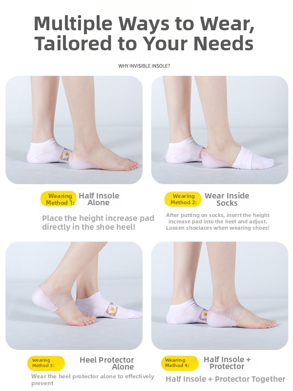 Silikona iekšējā zolīte augstuma palielināšanai (bez caurumiem) ar papēža spilventiņu – Unisex; saderīga ar sneakers, ādas kurpēm, sandāliem, ikdienas un darba apaviem