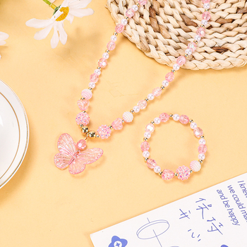 Náhrdelník pre deti s motýľom, ručne vyrobený, sklenený prívesok, guľôčkový reťaz, červený kryštál, séria Princezná, MODOU