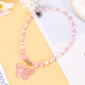 Náhrdelník pre deti s motýľom, ručne vyrobený, sklenený prívesok, guľôčkový reťaz, červený kryštál, séria Princezná, MODOU