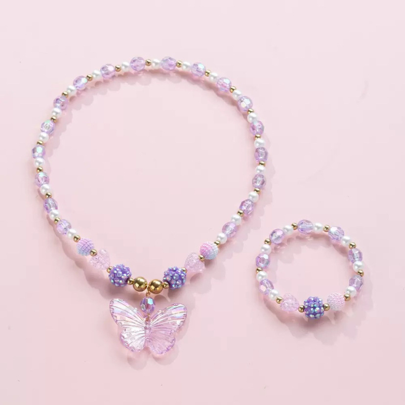 Náhrdelník pre deti s motýľom, ručne vyrobený, sklenený prívesok, guľôčkový reťaz, červený kryštál, séria Princezná, MODOU