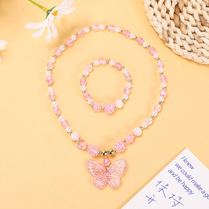 Náhrdelník pre deti s motýľom, ručne vyrobený, sklenený prívesok, guľôčkový reťaz, červený kryštál, séria Princezná, MODOU