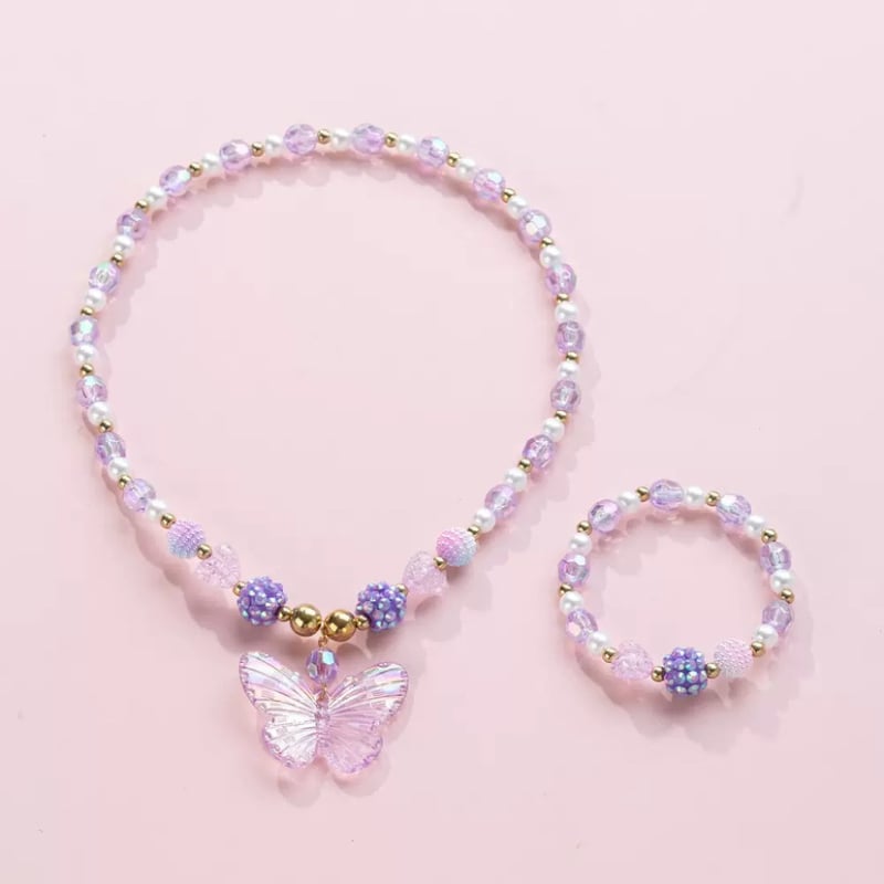 Náhrdelník pre deti s motýľom, ručne vyrobený, sklenený prívesok, guľôčkový reťaz, červený kryštál, séria Princezná, MODOU