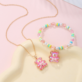 Detský set: náhrdelník a náramok s príveskom medveďa z zliatiny, vlnovitý reťazec, elektroplatina, plast/živica, biely kryštál