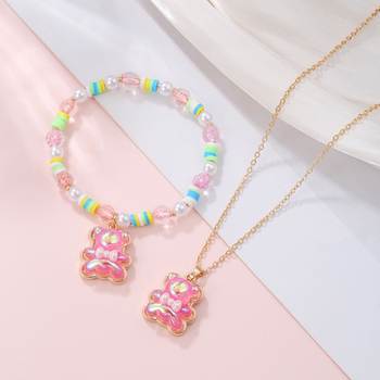 Detský set: náhrdelník a náramok s príveskom medveďa z zliatiny, vlnovitý reťazec, elektroplatina, plast/živica, biely kryštál