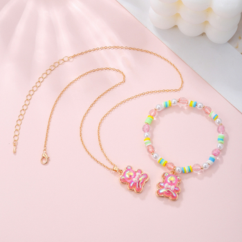 Detský set: náhrdelník a náramok s príveskom medveďa z zliatiny, vlnovitý reťazec, elektroplatina, plast/živica, biely kryštál