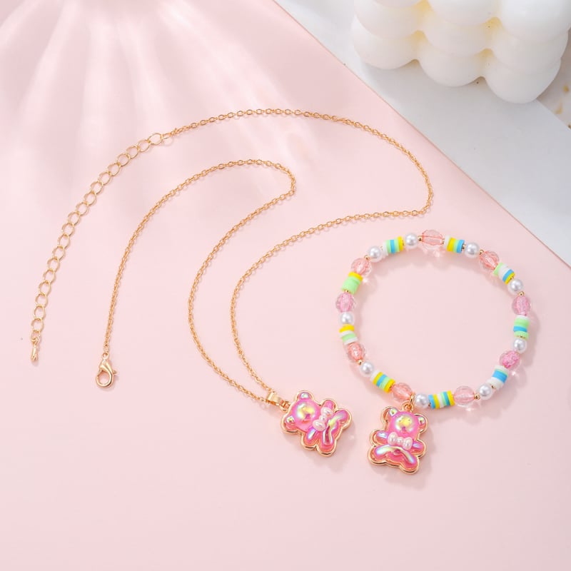 Detský set: náhrdelník a náramok s príveskom medveďa z zliatiny, vlnovitý reťazec, elektroplatina, plast/živica, biely kryštál