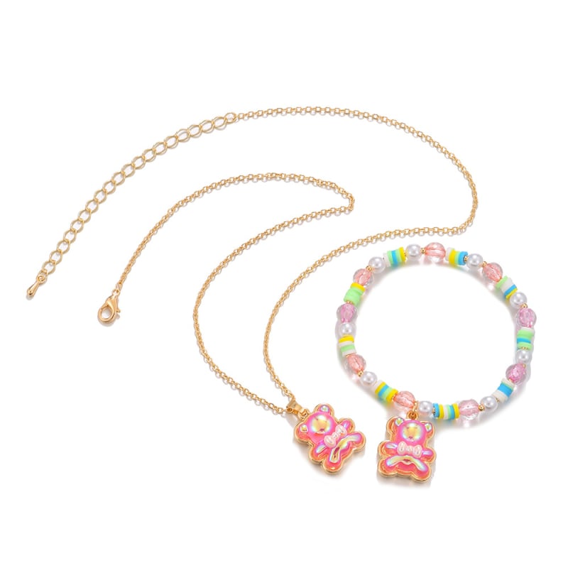 Detský set: náhrdelník a náramok s príveskom medveďa z zliatiny, vlnovitý reťazec, elektroplatina, plast/živica, biely kryštál