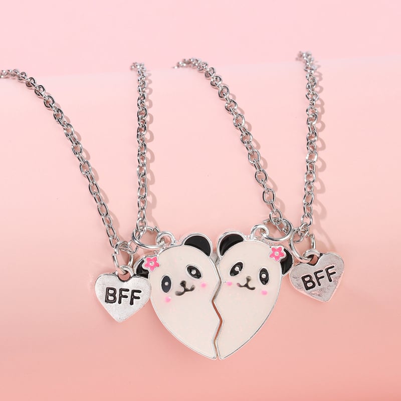 Colier Panda Heart cu pandantiv – aliaj, lanț bambus, stil desen animat pentru copii, placare electrolitică