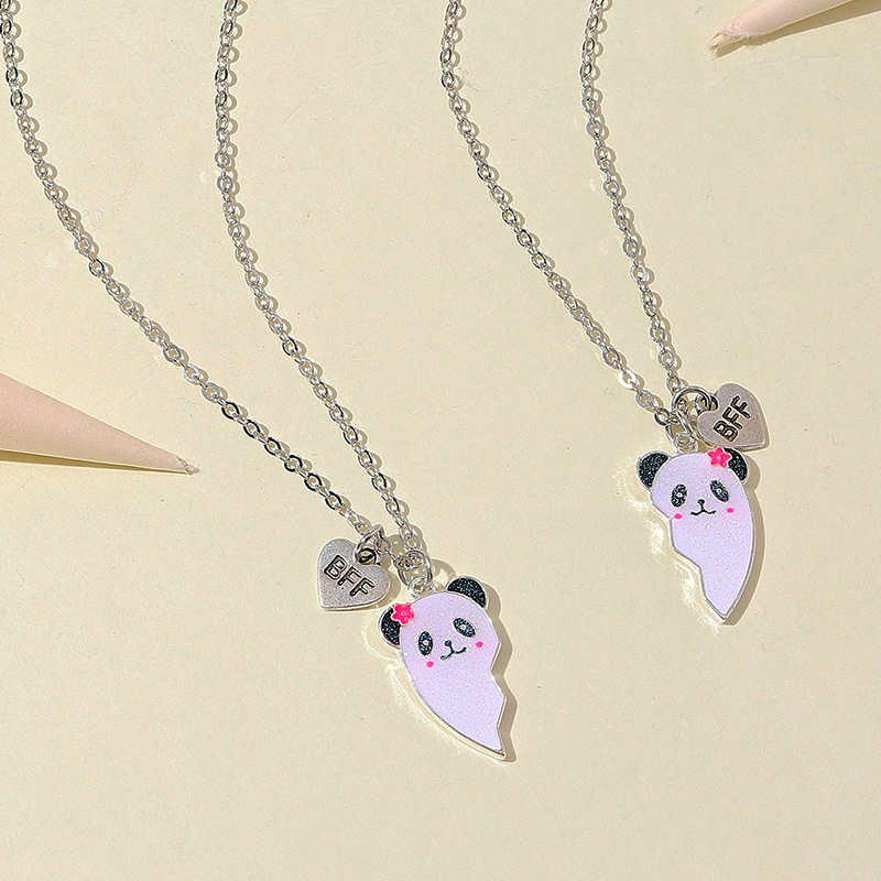 Colier Panda Heart cu pandantiv – aliaj, lanț bambus, stil desen animat pentru copii, placare electrolitică