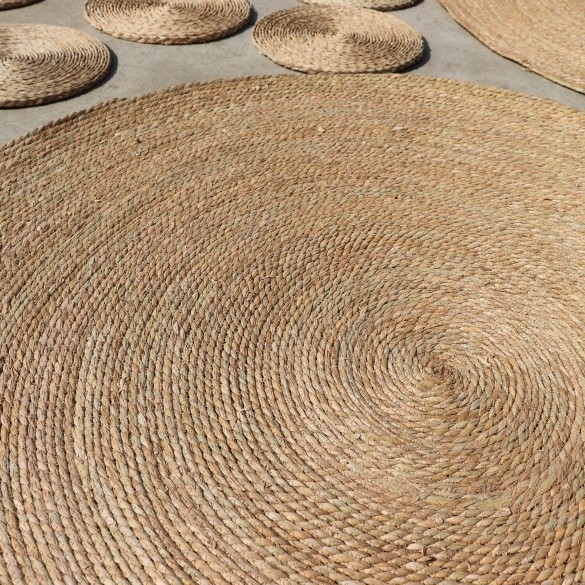 Covoraș rotund din paie, împletit natural cu sfoară de cattail, model uni, curățare cu aspirator, IN style