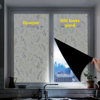 PVC ablakfólia teljes sötétítéshez, virágos stílus, levél mintázat; elektrosztatikus ragasztás; átlátszatlan
