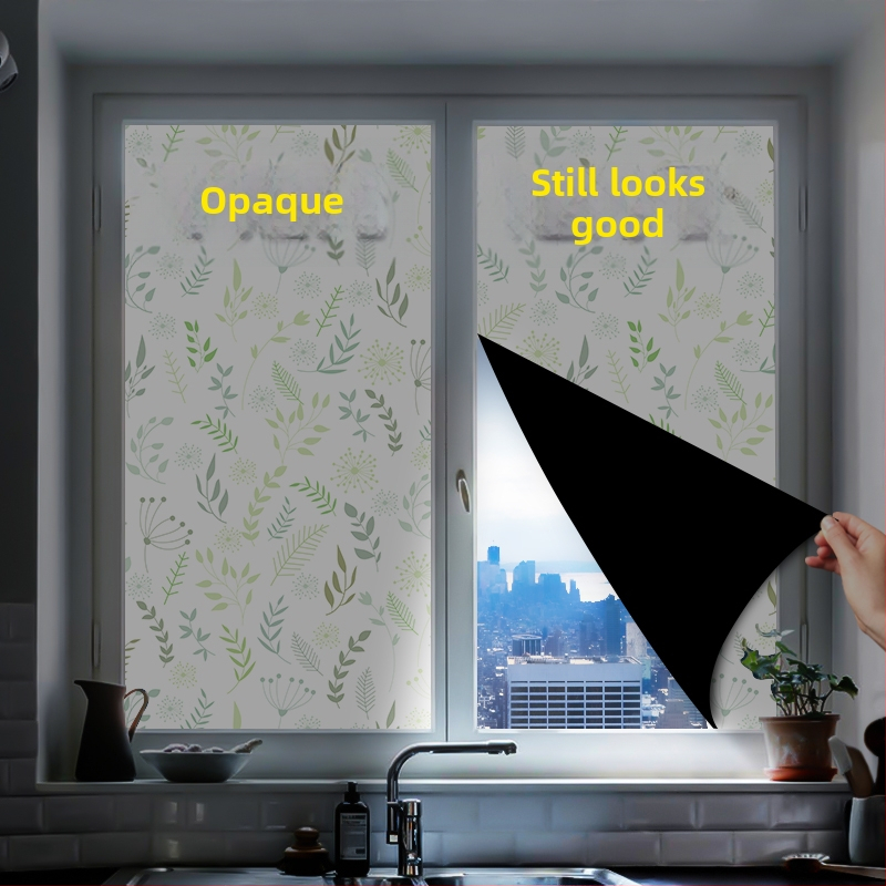 PVC ablakfólia teljes sötétítéshez, virágos stílus, levél mintázat; elektrosztatikus ragasztás; átlátszatlan