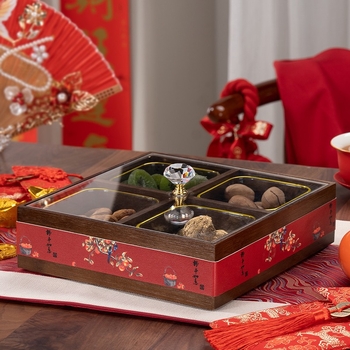 Elválasztott tömör bambuszból készült gyümölcstál kristályüveg és akril betétekkel, új kínai stílusú tál, Holy Baohe