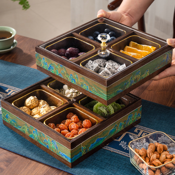 Elválasztott tömör bambuszból készült gyümölcstál kristályüveg és akril betétekkel, új kínai stílusú tál, Holy Baohe