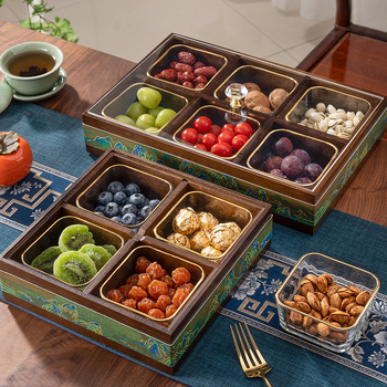 Elválasztott tömör bambuszból készült gyümölcstál kristályüveg és akril betétekkel, új kínai stílusú tál, Holy Baohe