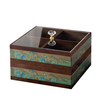 Elválasztott tömör bambuszból készült gyümölcstál kristályüveg és akril betétekkel, új kínai stílusú tál, Holy Baohe