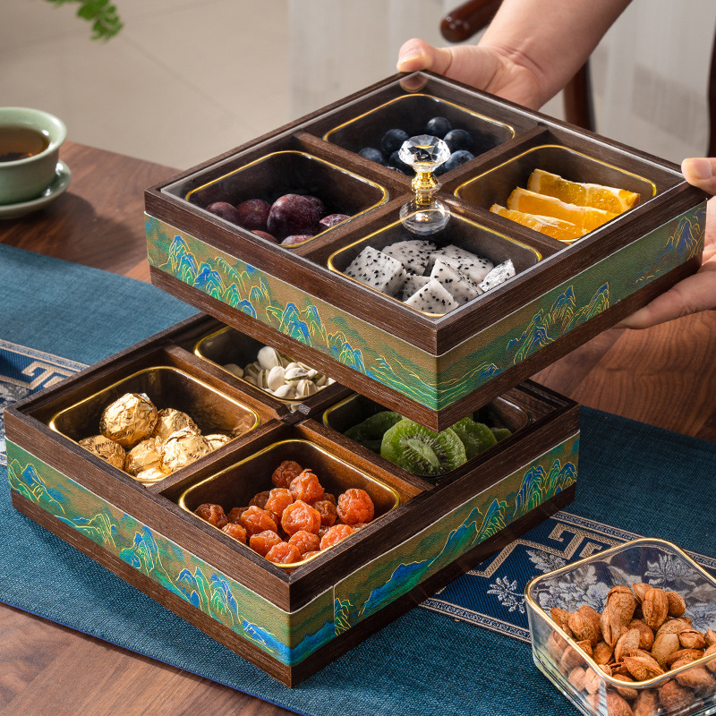 Elválasztott tömör bambuszból készült gyümölcstál kristályüveg és akril betétekkel, új kínai stílusú tál, Holy Baohe