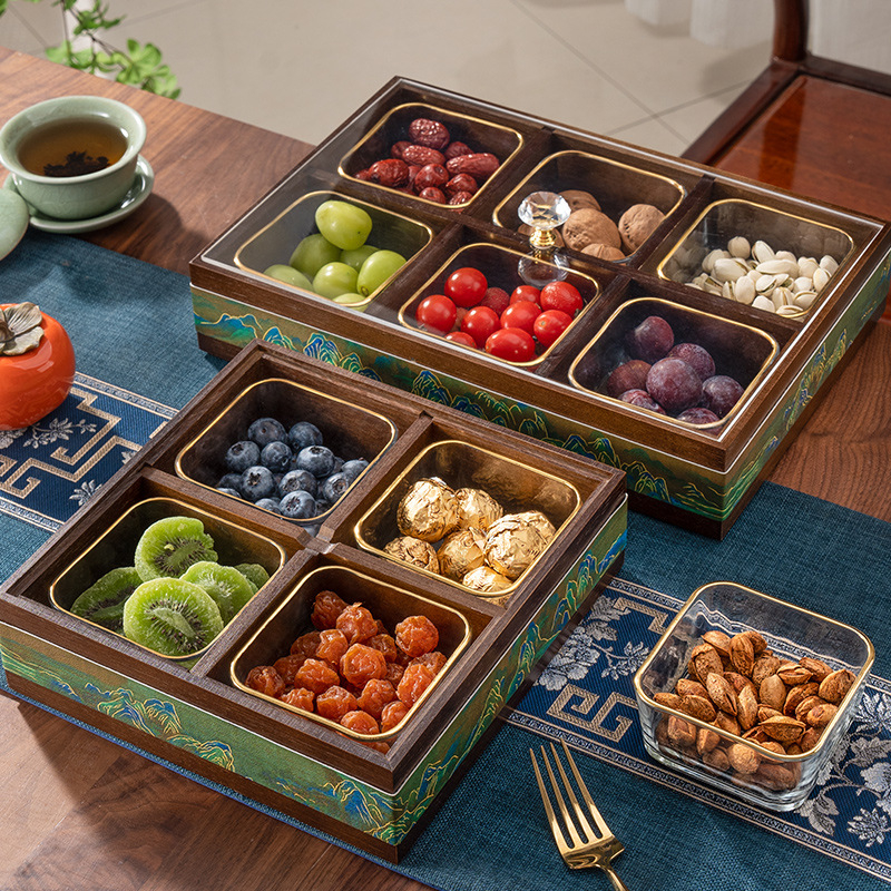 Elválasztott tömör bambuszból készült gyümölcstál kristályüveg és akril betétekkel, új kínai stílusú tál, Holy Baohe