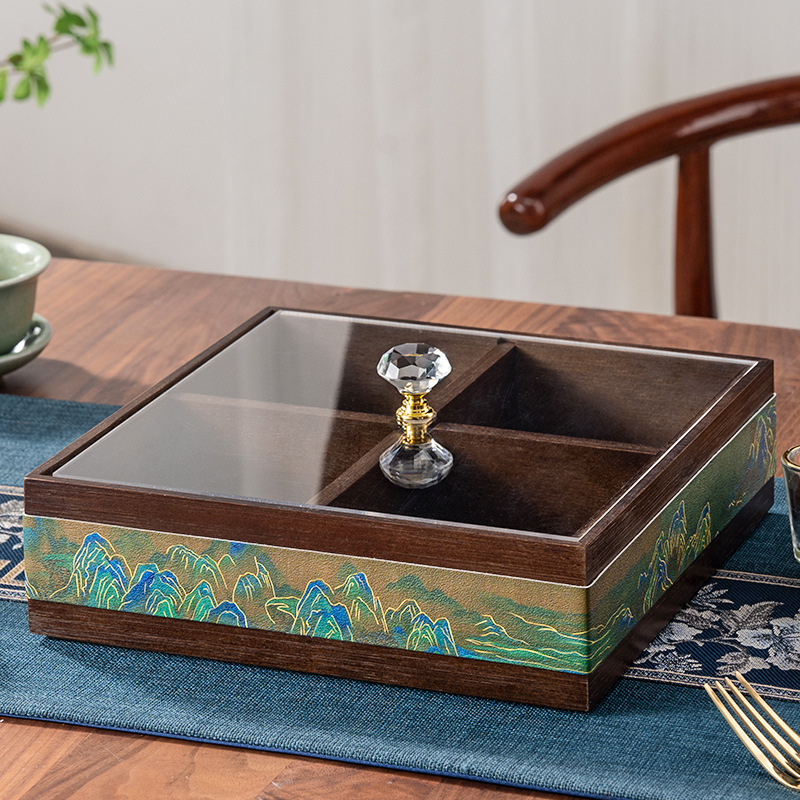 Elválasztott tömör bambuszból készült gyümölcstál kristályüveg és akril betétekkel, új kínai stílusú tál, Holy Baohe