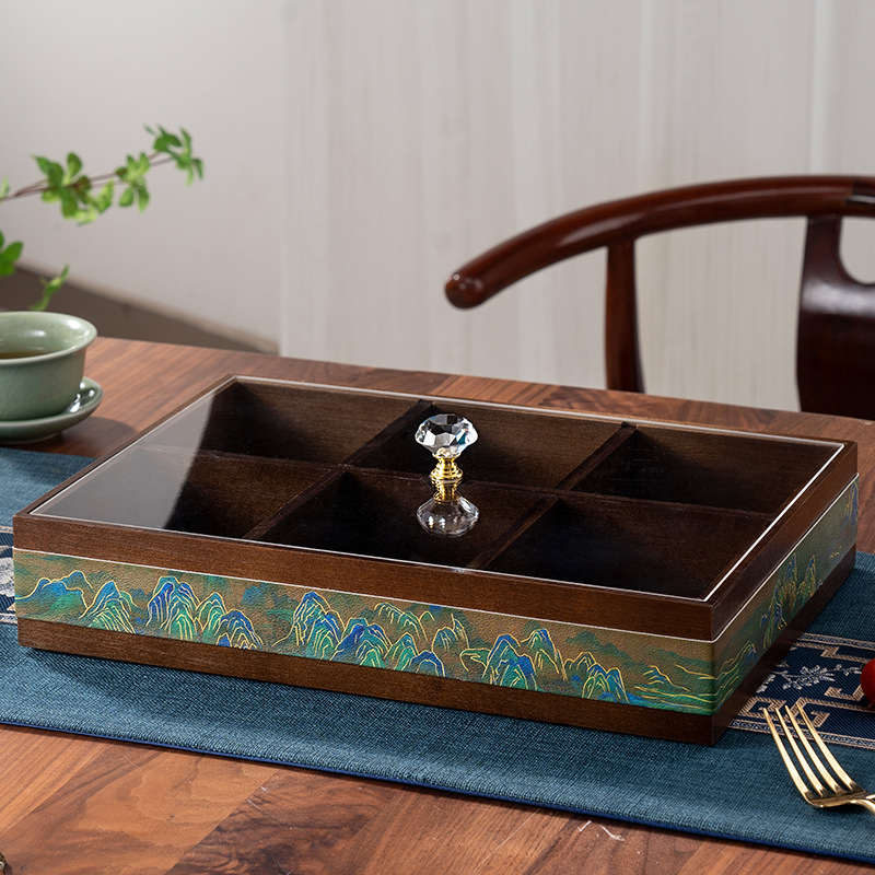 Elválasztott tömör bambuszból készült gyümölcstál kristályüveg és akril betétekkel, új kínai stílusú tál, Holy Baohe