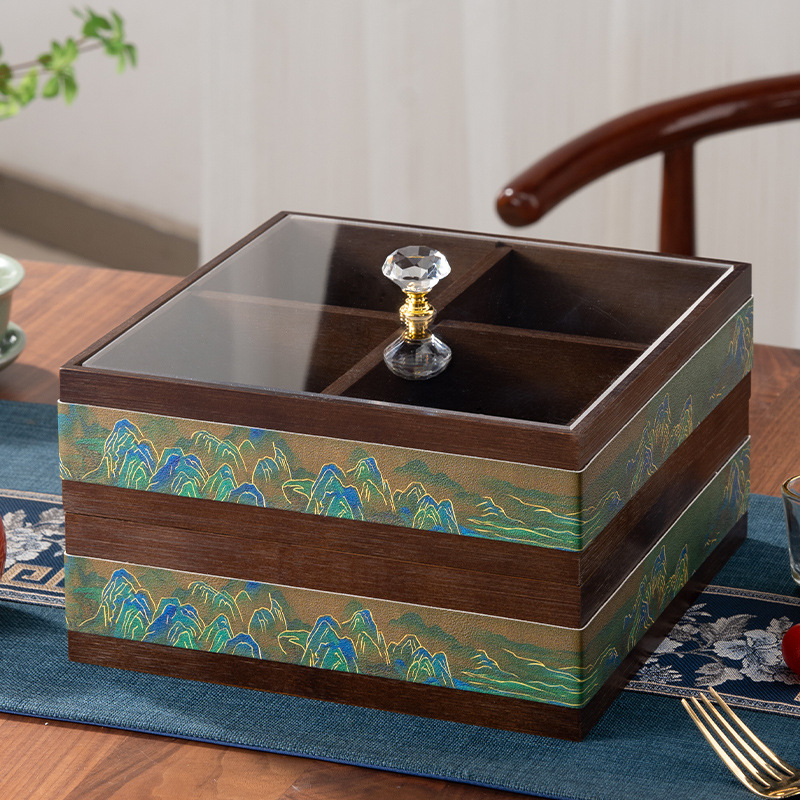 Elválasztott tömör bambuszból készült gyümölcstál kristályüveg és akril betétekkel, új kínai stílusú tál, Holy Baohe