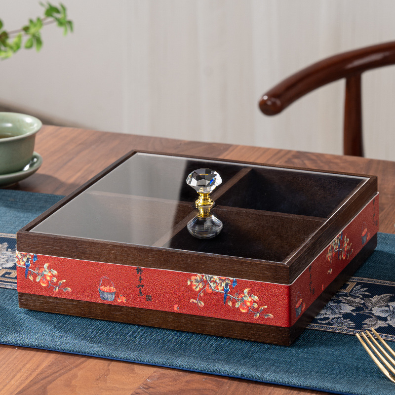 Elválasztott tömör bambuszból készült gyümölcstál kristályüveg és akril betétekkel, új kínai stílusú tál, Holy Baohe