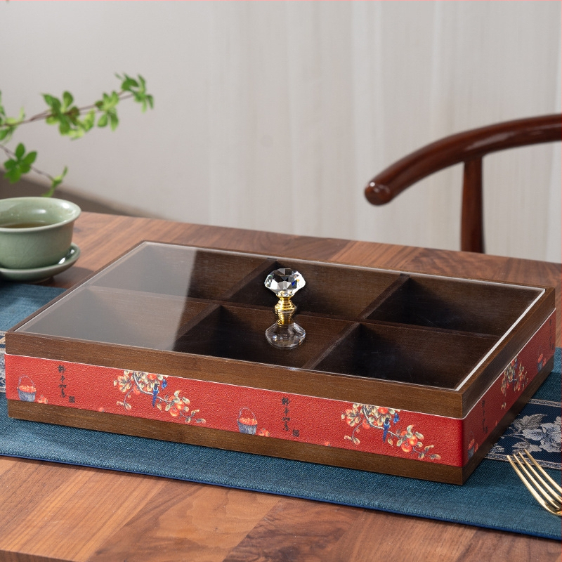 Elválasztott tömör bambuszból készült gyümölcstál kristályüveg és akril betétekkel, új kínai stílusú tál, Holy Baohe