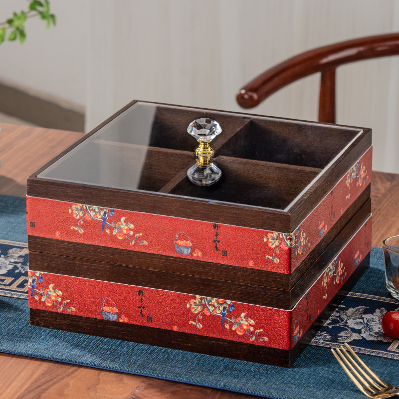 Elválasztott tömör bambuszból készült gyümölcstál kristályüveg és akril betétekkel, új kínai stílusú tál, Holy Baohe