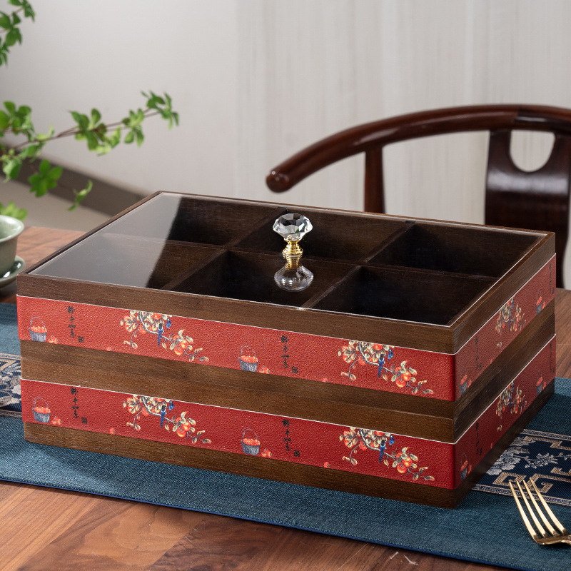 Elválasztott tömör bambuszból készült gyümölcstál kristályüveg és akril betétekkel, új kínai stílusú tál, Holy Baohe