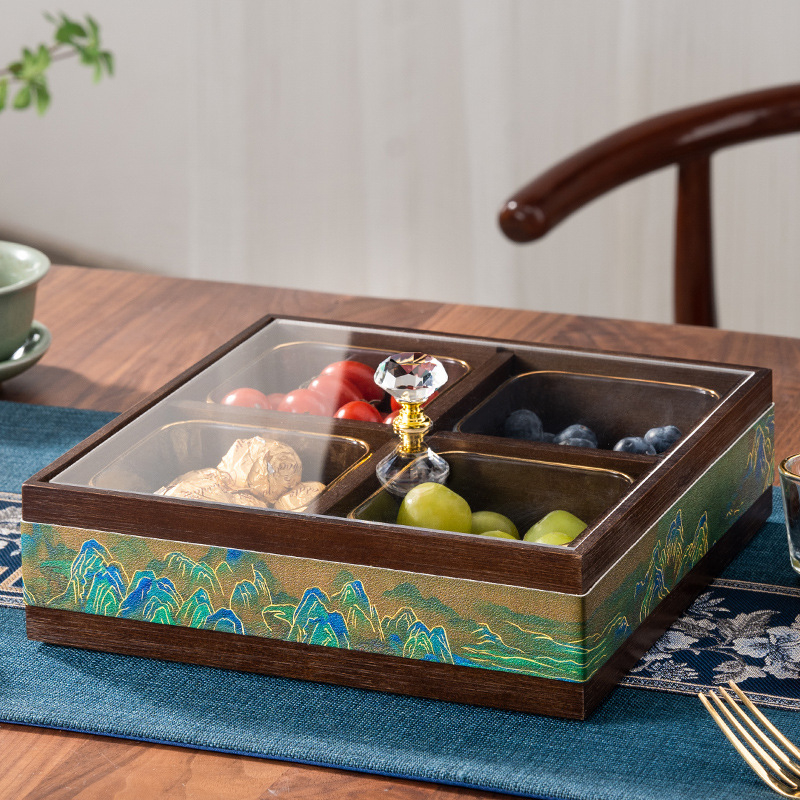 Elválasztott tömör bambuszból készült gyümölcstál kristályüveg és akril betétekkel, új kínai stílusú tál, Holy Baohe