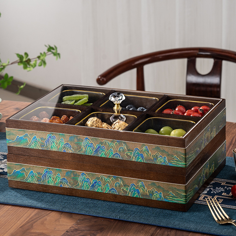 Elválasztott tömör bambuszból készült gyümölcstál kristályüveg és akril betétekkel, új kínai stílusú tál, Holy Baohe