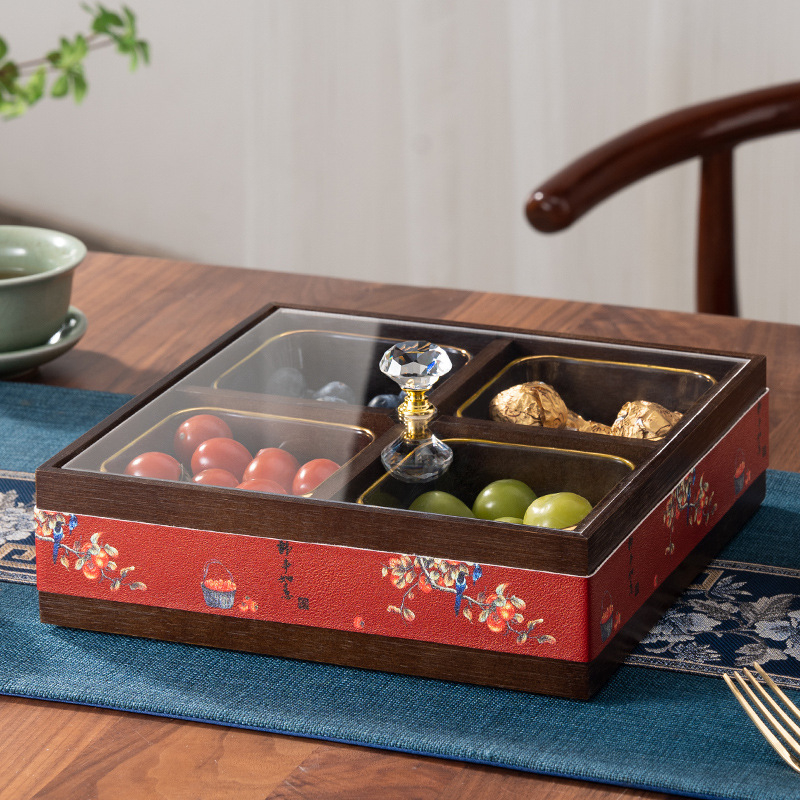 Elválasztott tömör bambuszból készült gyümölcstál kristályüveg és akril betétekkel, új kínai stílusú tál, Holy Baohe