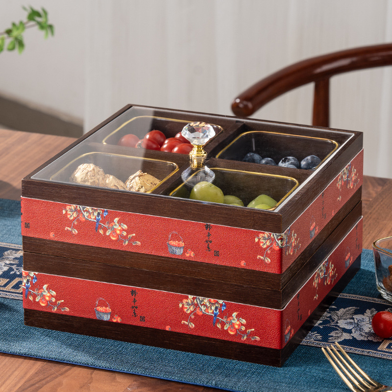 Elválasztott tömör bambuszból készült gyümölcstál kristályüveg és akril betétekkel, új kínai stílusú tál, Holy Baohe