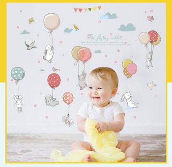 Stenska naljepnica – mural s balon-zeca za dječju sobu; materijal PVC; uzorak 10122; vodootporna naljepnica za zid; pogodna za dnevni boravak, spavaću sobu, ured, kuhinju, kupaonu, hodnik; moderni minimalistički, ravni zidni naljepnica