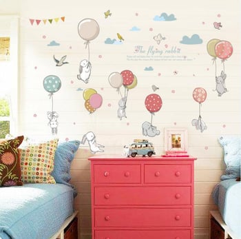 Stenska naljepnica – mural s balon-zeca za dječju sobu; materijal PVC; uzorak 10122; vodootporna naljepnica za zid; pogodna za dnevni boravak, spavaću sobu, ured, kuhinju, kupaonu, hodnik; moderni minimalistički, ravni zidni naljepnica