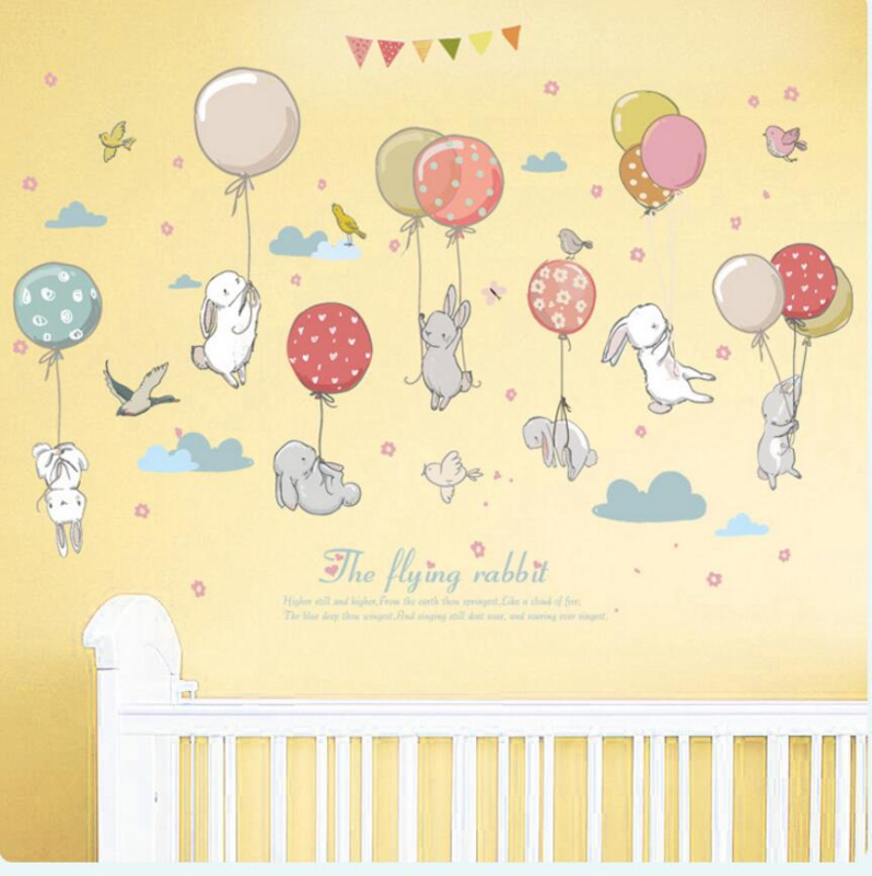 Stenska naljepnica – mural s balon-zeca za dječju sobu; materijal PVC; uzorak 10122; vodootporna naljepnica za zid; pogodna za dnevni boravak, spavaću sobu, ured, kuhinju, kupaonu, hodnik; moderni minimalistički, ravni zidni naljepnica
