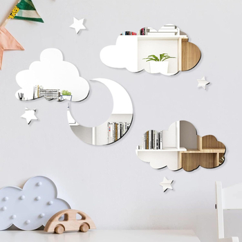 Akril falikép tükörhatású: hold, csillagok és felhők, több darabból álló dekoratív falidekor, modern 3D stílusú nappaliba, hálószobába és irodába