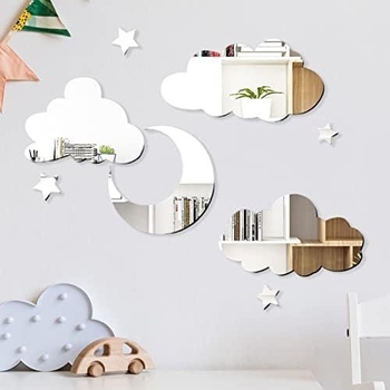 Akril falikép tükörhatású: hold, csillagok és felhők, több darabból álló dekoratív falidekor, modern 3D stílusú nappaliba, hálószobába és irodába