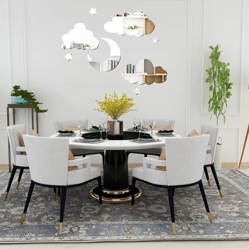 Akril falikép tükörhatású: hold, csillagok és felhők, több darabból álló dekoratív falidekor, modern 3D stílusú nappaliba, hálószobába és irodába