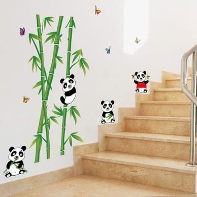PVC zidna naljepnica – slatki karikatura panda s bambusom, vodootporna, 1 komad, uzorak biljaka i cvijeća