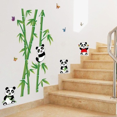 PVC zidna naljepnica – slatki karikatura panda s bambusom, vodootporna, 1 komad, uzorak biljaka i cvijeća