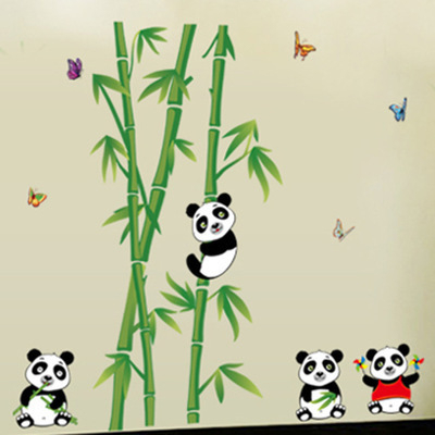 PVC zidna naljepnica – slatki karikatura panda s bambusom, vodootporna, 1 komad, uzorak biljaka i cvijeća