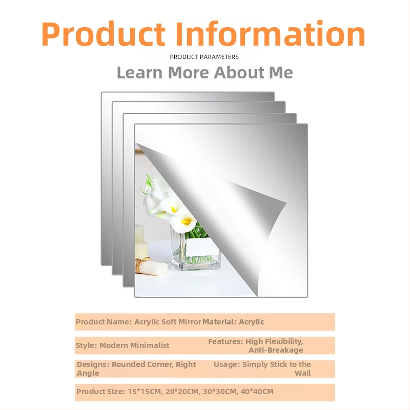 Akrila sienas spogulis ar pašlīmējošu uzlīmēšanu, 1 gab., vienkāršs stils, piemērots guļamistabai, studentu kopmītnēm un dzīvojamām telpām