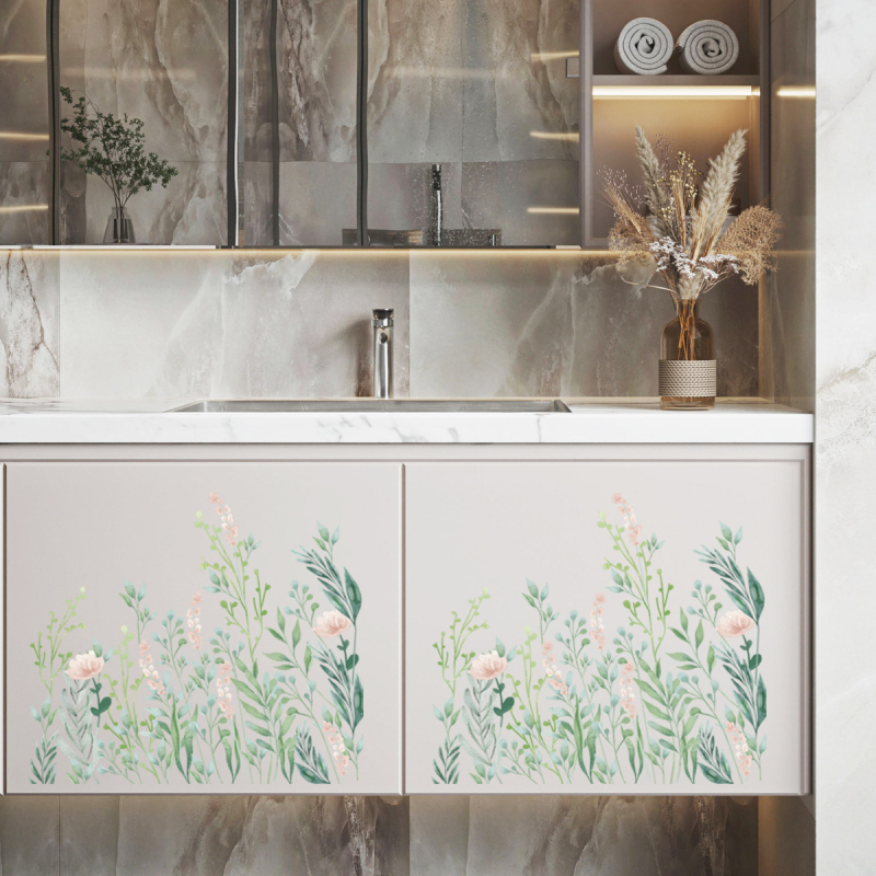 Zāļu motīva WC sienas uzlīme – pašlīmējošs PVC, vannas istabas dekors, mūsdienīgs minimālisma stils