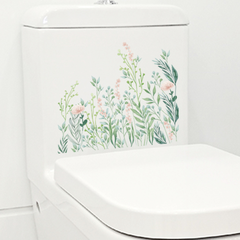 Zāļu motīva WC sienas uzlīme – pašlīmējošs PVC, vannas istabas dekors, mūsdienīgs minimālisma stils