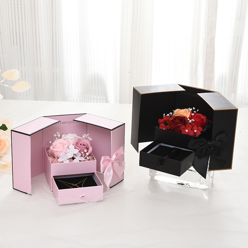 SAIKE ékszerdoboz nyaklánc csomagoláshoz – dupla ajtós dizájn rózsával, kreatív masni, örök virág, rúzs ajándékdoboz