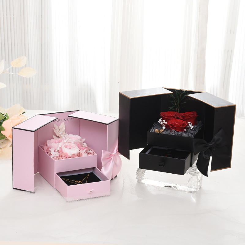 SAIKE ékszerdoboz nyaklánc csomagoláshoz – dupla ajtós dizájn rózsával, kreatív masni, örök virág, rúzs ajándékdoboz