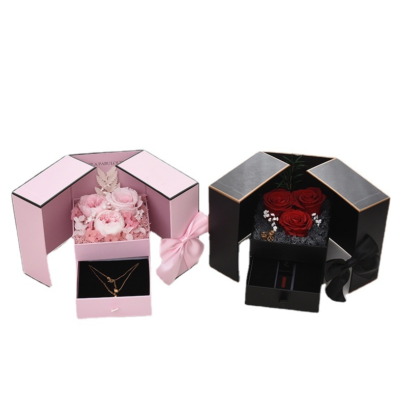 SAIKE ékszerdoboz nyaklánc csomagoláshoz – dupla ajtós dizájn rózsával, kreatív masni, örök virág, rúzs ajándékdoboz