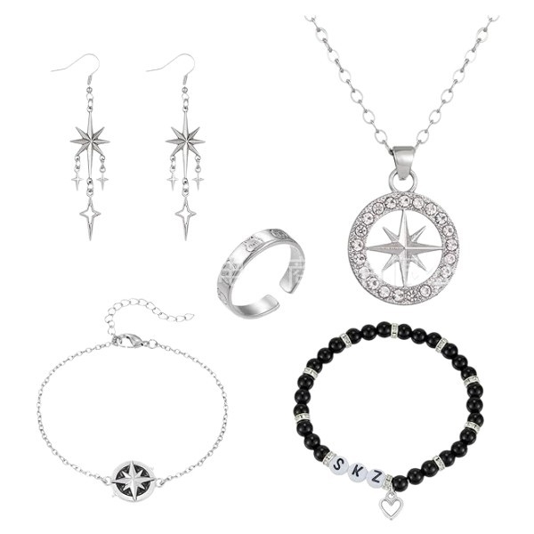 Set brățară cu pandantiv în formă de stea și cercei clip din aliaj, unisex, stil office, lansare iarnă 2024