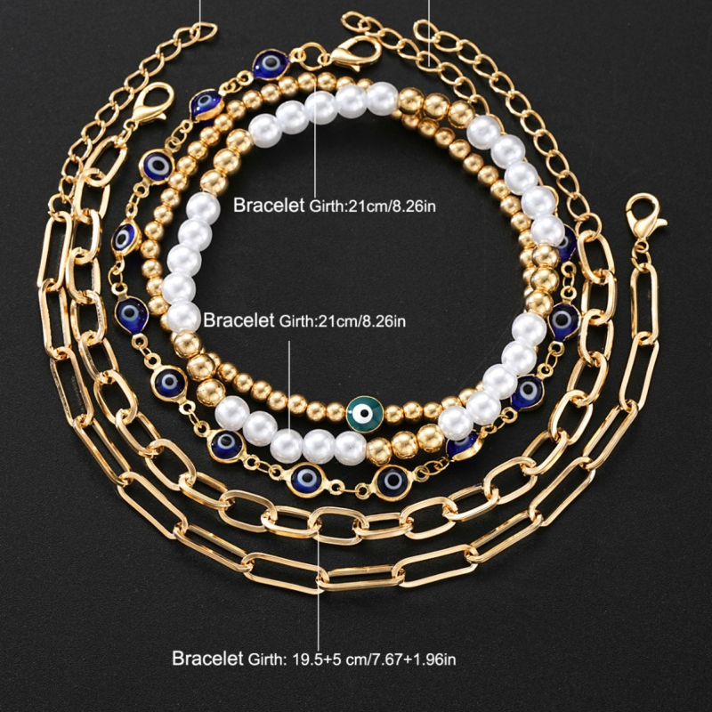 Ženski višeslojni narukvica s perlama i pletenim karama, motiva Zlog oka – cinkov spoj, elektroplatina, Xiaoyin Jewelry